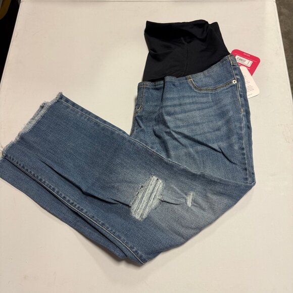Isabel Maternity Over Belly Cropped Distressed Straight Maternity Jeans Blue 14 - Picture 9 of 12